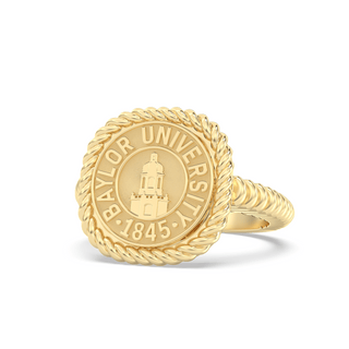 Classic traditional graduation yellow Gold class ring with Baylor University pat neff seal on a white background