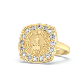Traditional yellow Gold class ring with Baylor University Pat Neff seal and diamonds on a white background
