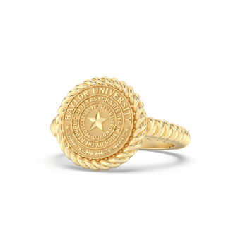 Graduation class ring in yellow Gold with Baylor University traditional star seal on a white background