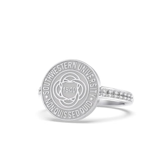 Southwestern University Class Ring w white gold seal | San Jose Jewelers custom graduation rings | Platinum Silver ring with diamonds on the band