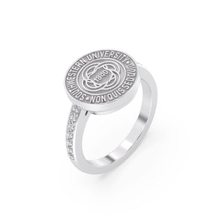 Southwestern University Class Ring w white gold seal | San Jose Jewelers custom graduation rings | Platinum Silver ring with diamonds on the band