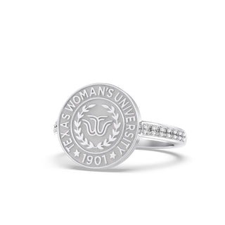 Texas Woman's University Class Ring | San Jose Jewelers 228 Vida TWU graduation ring with red and white diamonds around TWU seal