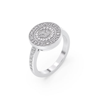 Texas Woman's University Class Ring | San Jose Jewelers 228 Vida TWU graduation ring with red and white diamonds around TWU seal