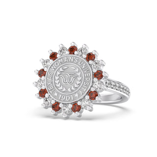 Texas Woman's University Class Ring | San Jose Jewelers 245 Prestige TWU graduation ring with red and white diamonds around TWU seal