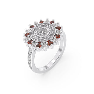 Texas Woman's University Class Ring | San Jose Jewelers 245 Prestige TWU graduation ring with red and white diamonds around TWU seal