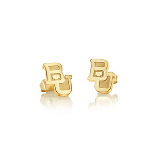 Gold earrings with Baylor University 'BU' initials on a white background