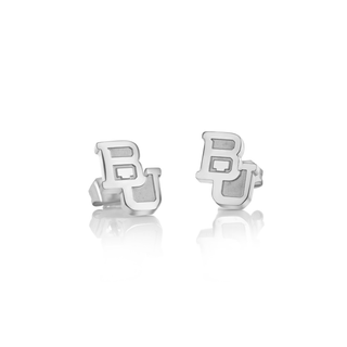 Silver earrings with Baylor University 'BU' initials on a white background