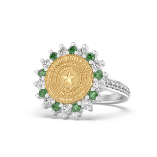 Gold Baylor University Class Ring with Official Seal and diamond accents on a white background