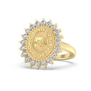 Ohio University Class Ring | San Jose Jewelers Custom College Ring | Gold ring with Ohio University seal and diamonds around the seal