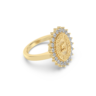 Ohio University Class Ring | San Jose Jewelers Custom College Ring | Gold ring with Ohio University seal and diamonds around the seal - Side view
