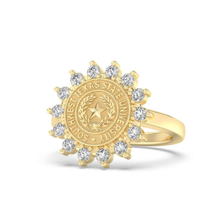 Southwest Texas State University Class Ring in 14k Gold | San Jose Jewelers SWT Graduation Ring With Diamonds
