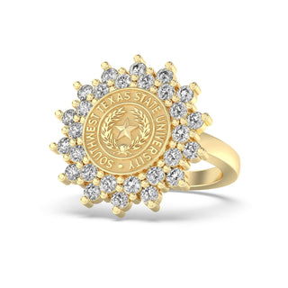 Southwest Texas State University Class Ring in 14k Gold | San Jose Jewelers SWT Graduation Ring With Diamonds