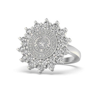 Southwest Texas State University Class Ring in 14k Gold | San Jose Jewelers SWT Graduation Ring With Diamonds