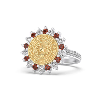 Southwest Texas State University Class Ring in 14k Gold | San Jose Jewelers SWT Graduation Ring With Diamonds