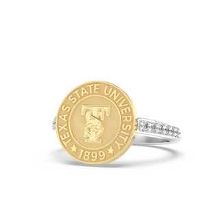 TXST Class Ring with diamonds on band | San Jose Jewelers Texas State University graduation ring