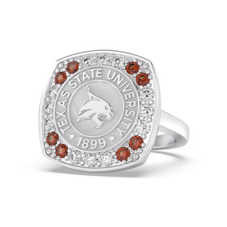 White Gold graduation class ring with Texas State University emblem with red and white gemstones on a white background