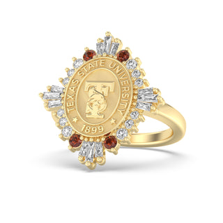Yellow Gold ring with Texas State University emblem with maroon and white gemstones on a white background