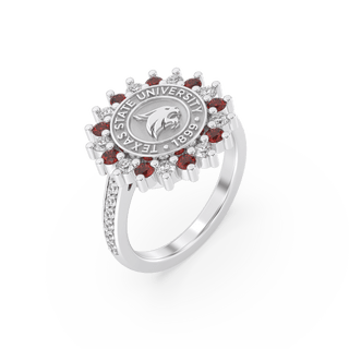 TXST Class Ring with diamonds on band | San Jose Jewelers Texas State University graduation ring