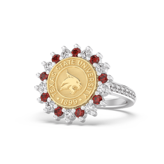 TXST Class Ring with diamonds on band | San Jose Jewelers Texas State University graduation ring