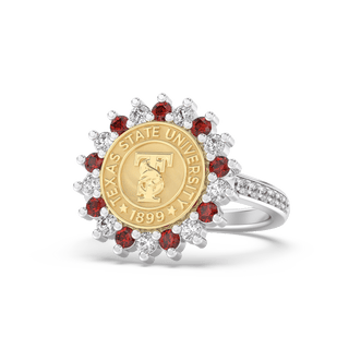 TXST Class Ring with diamonds on band | San Jose Jewelers Texas State University graduation ring