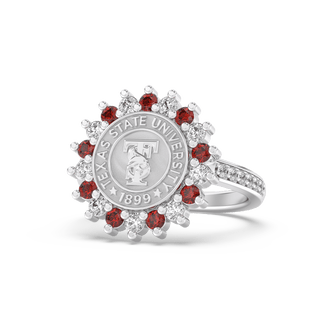 TXST Class Ring with diamonds on band | San Jose Jewelers Texas State University graduation ring