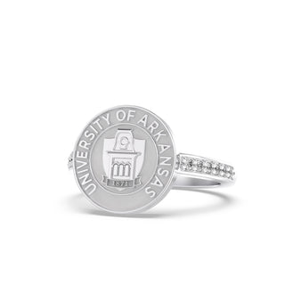 University of Arkansas Class Ring w white gold seal | San Jose Jewelers custom graduation rings | Platinum Silver ring with diamonds on the band