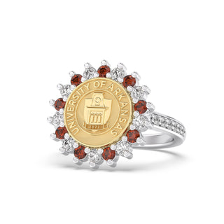 University of Arkansas Class Ring w white gold seal | San Jose Jewelers custom graduation rings | Platinum Silver ring with diamonds on the band