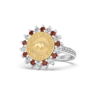 University of Arkansas Class Ring w white gold seal | San Jose Jewelers custom graduation rings | Platinum Silver ring with diamonds on the band