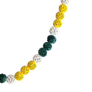 Green and gold sparkly beaded necklace closeup