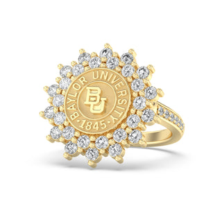 TRADITIONAL GRADUATION CLASS RING IN YELLOW Gold with Baylor University BU emblem and diamonds on a white background