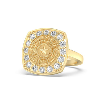 Traditional yellow Gold class ring with Baylor University traditional star seal and diamonds on a white background