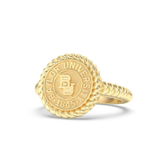 Graduation class ring in yellow Gold with Baylor University BU emblem on a white background