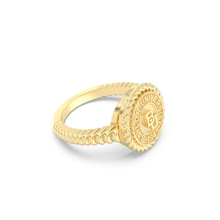 Graduation class ring in yellow Gold with Baylor University BU emblem on a white background