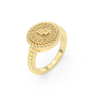 Graduation class ring in yellow Gold with Baylor University BU emblem on a white background
