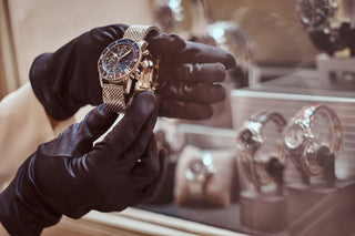 Close-up of a seller presenting an exclusive men's watch from a new luxury collection