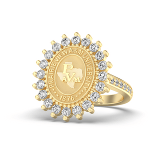 Yellow Gold graduation class ring with diamond accents featuring Prairie View A&M University logo on a white background