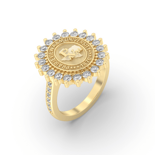 Yellow Gold graduation class ring with diamond accents featuring Prairie View A&M University logo on a white background