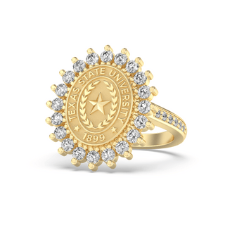 Yellow Gold graduation class ring with Texas State University emblem and diamonds on a white background