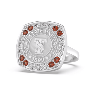 White Gold graduation class ring with Texas State University emblem with red and white gemstones on a white background