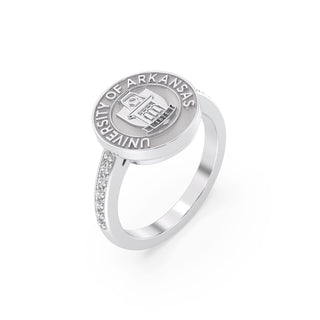 University of Arkansas Class Ring w white gold seal | San Jose Jewelers custom graduation rings | Platinum Silver ring with diamonds on the band