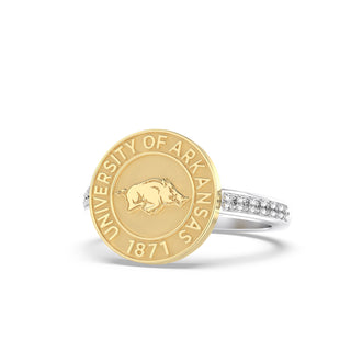 University of Arkansas Class Ring w white gold seal | San Jose Jewelers custom graduation rings | Platinum Silver ring with diamonds on the band