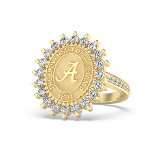 Gold class ring with 'The University of Alabama' emblem and diamonds on a white background