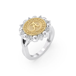 yellow Gold and white gold class graduation ring with 'The University of Alabama' emblem on a white background