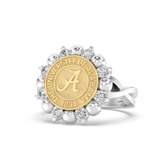 yellow Gold and white gold class graduation ring with 'The University of Alabama' emblem on a white background