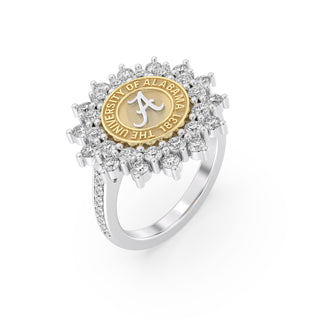 White Gold graduation class ring with 'The University of Alabama' emblem in two tone yellow back ground on a white background