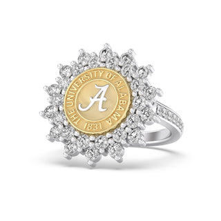 White Gold graduation class ring with 'The University of Alabama' emblem in two tone yellow back ground on a white background