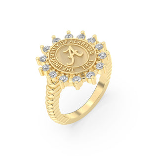 Yellow Gold graduation class ring with 'The University of Alabama' and year 1831 on a white background