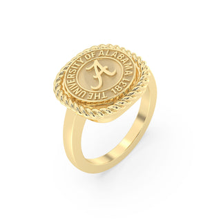 Yellow Gold graduation class ring with University of Alabama emblem on a white background