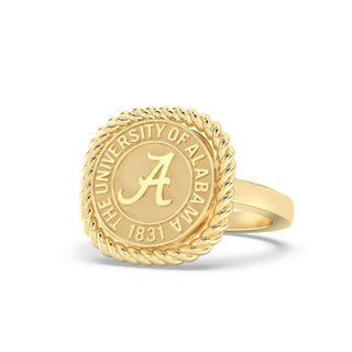 Yellow Gold graduation class ring with University of Alabama emblem on a white background