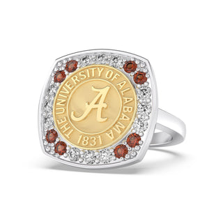Gold and silver graduation class ring with 'The University of Alabama' emblem on a white background